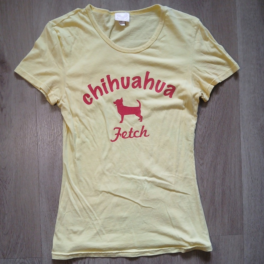 Fetch Graphic T-Shirt Women Large Yellow Chihuahua Pink Print Cotton Tee USA